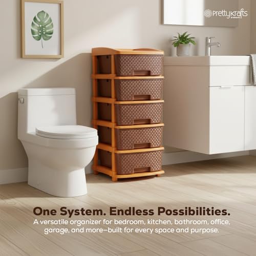 Image of PrettyKrafts 5-Tier Plastic Storage Drawer Organizer | Modular Chest of Drawers & Toy Storage Box for Kids Room, Home, Kitchen & Office | Multipurpose Cabinet Unit (Brown, 36x39x77 cm)