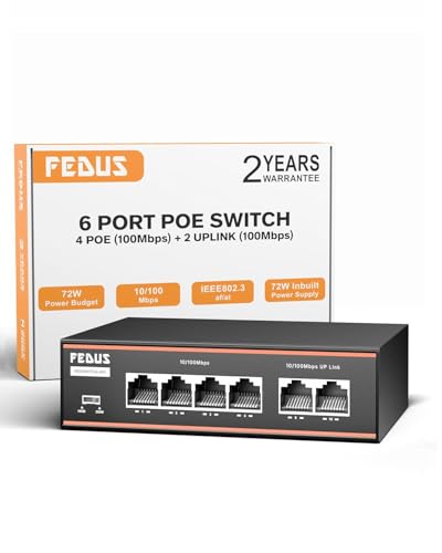 Image of FEDUS NextSwitch-400, 6 Port PoE Switch, 4 PoE Ports (10 /100Mbps) + 2 Uplink, 72W Built-in Power Supply, 250m Extend Mode & VLAN Isolation, Unmanaged Ethernet Network Hub for IP CCTV Camera & NVR