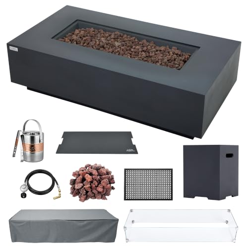 Image of AMS Creations | Madison 60 inch Bundle Rectangular Propane Gas Outdoor Fire Pit Table | Dark Gray Concrete GFRC | Smooth Texture or Surface | Electronic Ignition | Outside Backyard Fireplace
