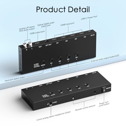 Conmutador extractor de audio HDMI 2.1 de 4 vías compatible con Roku y PC 3