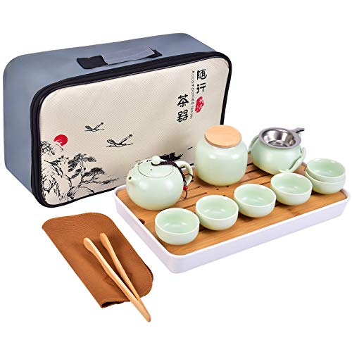 Ceramic Portable Travel Tea Set Chinese Kungfu Tea Set Handmade Ceramic Teapot Set with 6 Tea Cups Tea CanisterTea Strainer Bamboo Tea Tray and Travel Bag Cyan