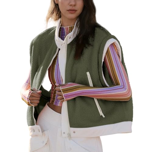 Ainangua Women Fuzzy Moto Fleece Vest Oversized Zip Up Sleeveless Sherpa Jacket Lightweight Warm Vest Top Outerwear Green Small