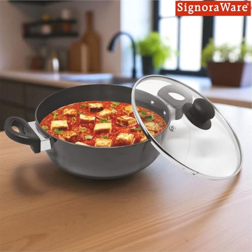 Image of Signoraware Opulent Non Stick Kadhai 28cm | Non-Stick Coating Allows Oil Saving | Heat-Resistant Grip | Gas & Induction Compatible | Perfect for Deep Frying, Sauteing & Stir-Frying (5 LTR | Steel)