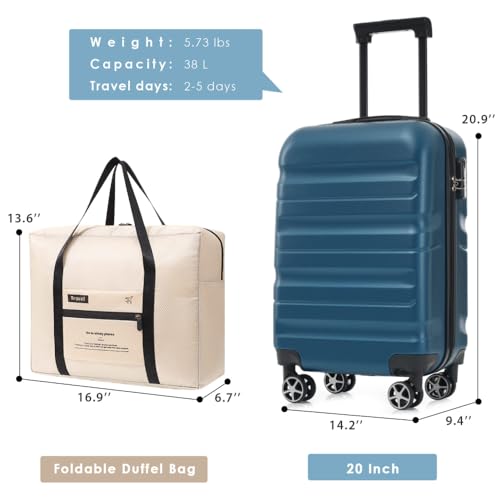 20Inch Hardshell ABS Carry-On Luggage Set with Spinner Wheels Lightweight Suitcase and Foldable Duffel Bag for Men Women Travel191 (20inch Inky Blue)4