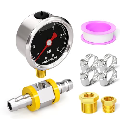 MEANLIN MEASURE 0-15Psi Stainless Steel Glycerin Filled Pressure Gauge 1/8" NPT 1.5" Black Dial, with 3/8" Barb Pressure Adapter Liquid Filled Pressure Gauge (9Pieces Kit, Lower Mount)