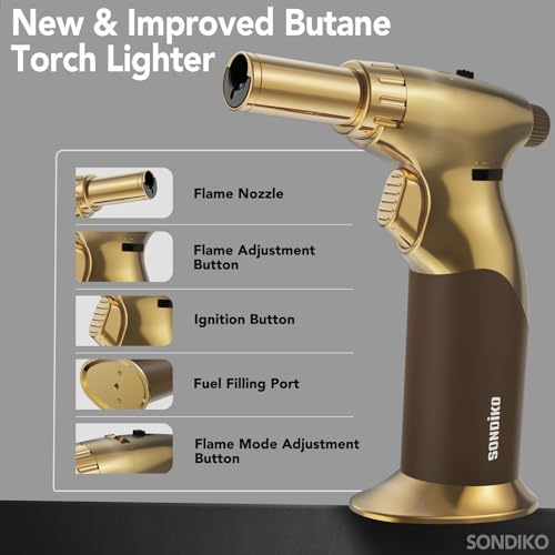 Sondiko DUAL Style Flame Butane Torch Lighter, Adjustable Flame Size Butane Lighter, Refillable Blow Torch with Continuous Flame Lock for Cooking, Butane Gas Is Not Included, Gold - Thumbnail 5