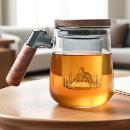 Leikurvo Taza de té con tapa y colador, vaso de té de 500 ml, taza de té grande resistente al calor de vidrio de borosilicato para regalos sueltos de té/amantes del té/té (azul-gris)