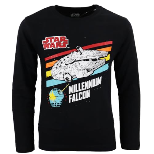 Star Wars Jungen Langarmshirt „Millennium Falcon“ – Offizielles Lizenzprodukt – 100 % Baumwolle – Größen 134–164 – Dunkelblau oder Schwarz, Farbe: Schwarz, Bekleidungsgröße: 152