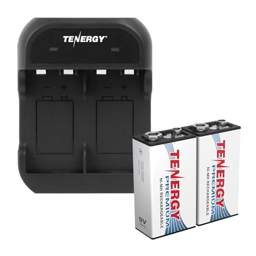 Tenergy TN141 2 Bay 9V Smart Charger with 2 Pack of Premium 9V NiMH 250mAh Rechargeable Batteries