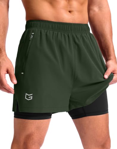 G Gradual Men's Running Gym Shorts with Compression Liner 5"(Olive,L5_M)