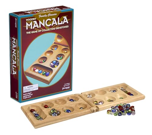 Pressman Mancala Board Game | Fun Classic Table for Adults & Kids | Includes 48 Plastic Mancala Stones and Wood Hinged Playing Board | 2 Players, Ages 6+