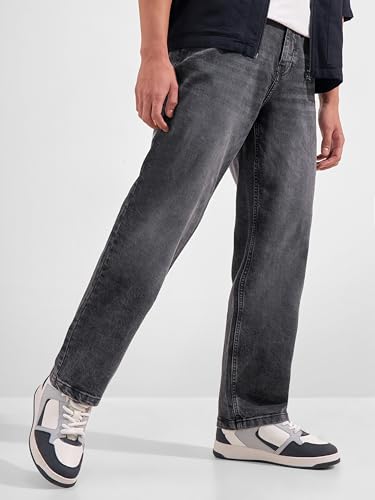 Image of Highlander Men Men's Premium Loose Straight Fit Mid-Rise Cotton Lycra Jeans - Button Closure, Machine Washable, Comfortable All-Day Wear for Casual & Semi-Formal Occasions