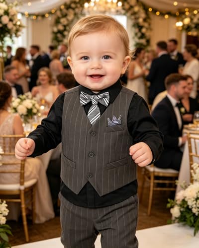 Image of Baby Boy Suits Formal Stripe Gentleman Tuxedo Suit Set Complete Dress Clothes Toddler Wedding Ring Bearer Outfit