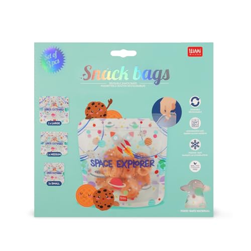 Legami Set mit 3 Lebensmittelbeuteln, 3 verschiedene Größen S, M, L, wiederverschließbar, wiederverwendbar, spülmaschinenfest, praktische Snack-Taschen, Space