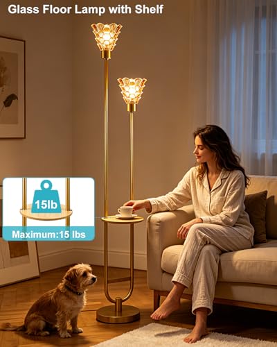 Image of Modern Glass Floor Lamp with Storage Table 2-Lights Gold Standing Tall Lamps with Amber Glass Shade for Wedding /Party,LED Floor Lamp for Living Room Bedroom Home Decor (Bulbs Included)
