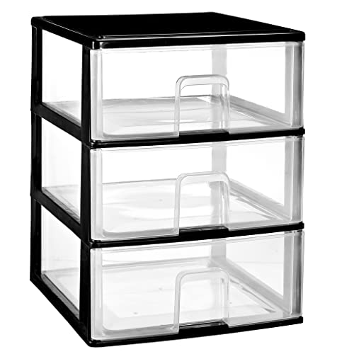COM-FORT HOUSE | Cajonera Apilable de Plástico | Modelo Transparente | Color Negro | Modelo de 3 Cajones | Cajones de Almacenamiento Modular