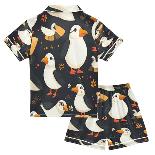 Satin Pajama Sets Short Sleeve Birds on Black Background Button Down Silky Nightwear 2 Piece PJS 5-14Y2