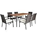 Tangkula 7 Pieces Patio Dining Set, Acacia Wood Wicker Dining Furniture Set with Sturdy Steel Frame & Umbrella Hole, Outdoor Dining Table Chair Set with Removable Cushions for Backyard, Garden