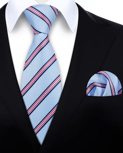 Image of HISDERN Mens Tie Striped Ties and Handkerchief Set Business Formal Woven Pocket Square Wedding College Stripe Necktie
