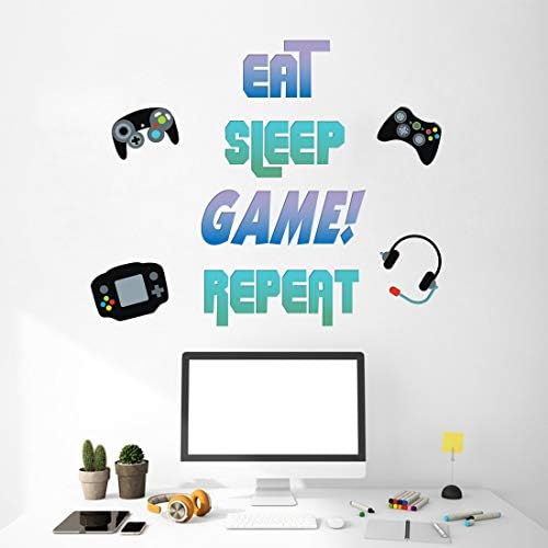 KAIRNE Gaming Quote Wall Stickers , East Sleep Game Repeat Wall Art Decal, Xbox Wall Stickers for Bedrooms for Boys, Gamer Gaming Stencils Decal Fornite Stickers for Teenage Bedroom Home Decoration