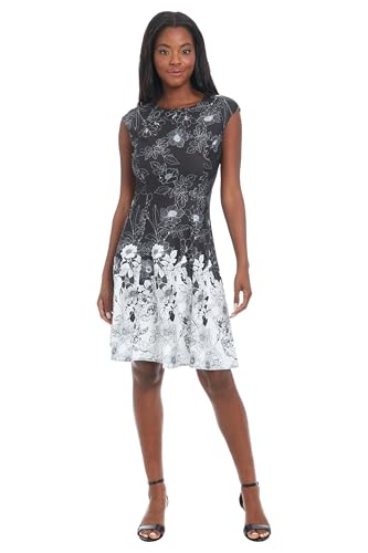 Image of London Times Women's Women's Fit and Flare Knee Length Cap Sleeve Round Neck - Border Print Special Occasion Cocktail Dress
