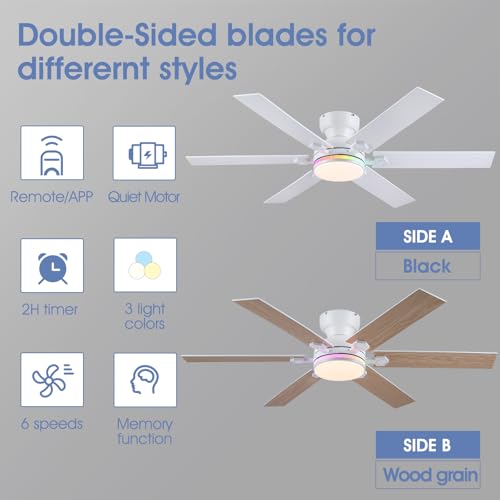 Image of 52 inch RGB Ceiling Fans with Lights and Remote,White Low Profile Ceiling Fans with Quiet Reversible DC Motor, Modern Flush Mount Fans Light for Kids Room Bedroom