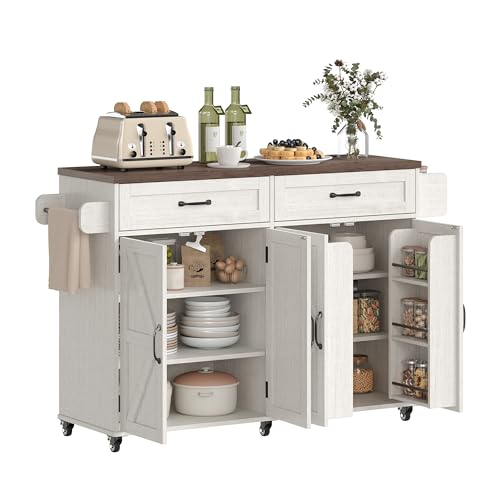 Image of FiveWillowise Farmhouse Buffet Cabinet with 2 Drawers and Charging Station, Mobile Kitchen Island with Spice Rack and Towel Rack, Kitchen Island Cart, Home Bar Carts with Storage,White