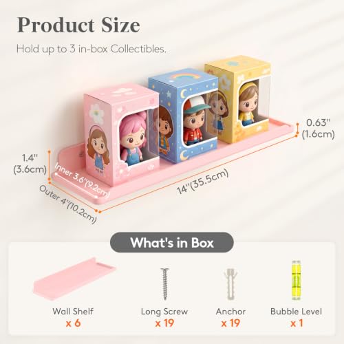 Image of Lifewit Acrylic Floating Shelves for Wall 14 inch Pink, 6 Pack | Wall Mounted Display Shelf for Figure, Car, Art, Book, Perfume Organizer for Bedroom, Living Room, Nursery Decor