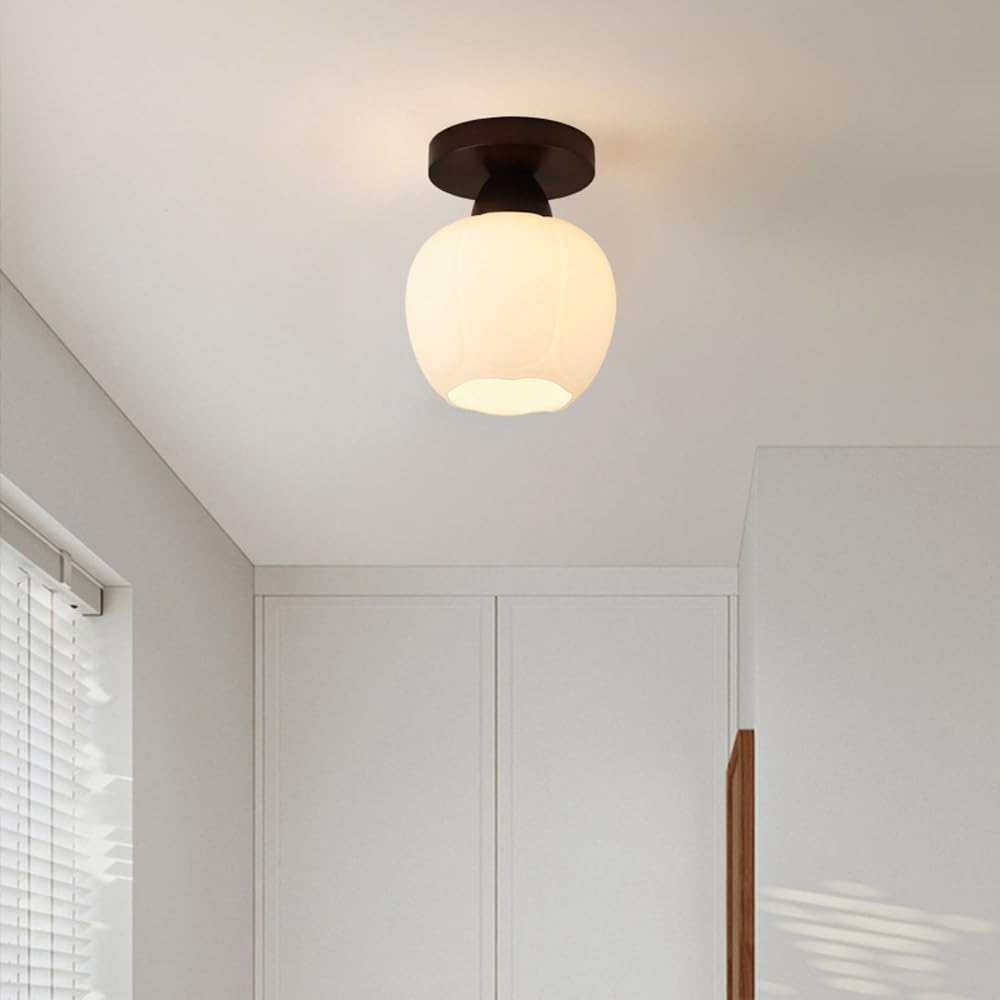 Półwpuszczana drewniana lampa sufitowa ze szklanym kloszem - Minimalistyczna lampa wewnętrzna do przedpokoju, kuchni, sypialni i biura (kolor orzech)