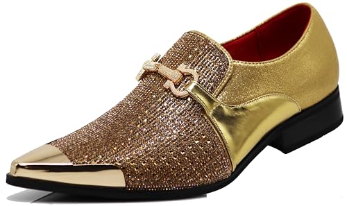 Image of Enzo Romeo Crisino Men Rhinestone Chrome Toe Suede Pointy Buckle Dress Loafer Slip On Shoes (Gold 03, US Footwear Size System, Adult, Men, Numeric, Medium, 10)