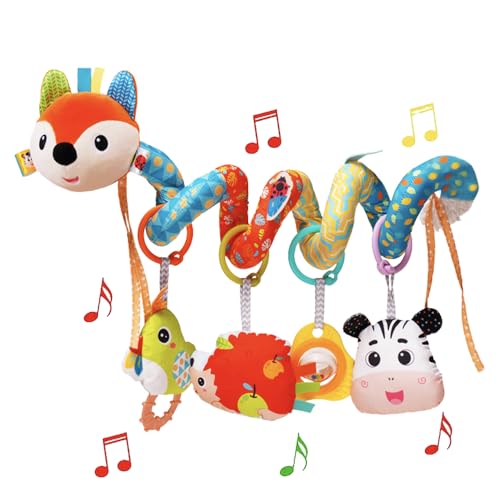 Image of Baby Car Seat Toys, Infants Spiral Fox Plush Toys for Babies 0-6 Months | Hanging Stroller Toy for Infant Boys and Girls 0 3 6 12 Months Newborn Sensory Gift Toy with Rattles Squeaker Music Teether