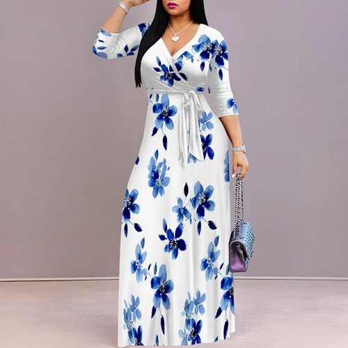 Image of Women Plus Size Long Sleeve V Neck Maxi Dress with Belt | Soft fabric relaxed fit three quarter sleeve v neck with pockets for party and daily wear