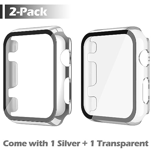 Image of Misxi 2 Pack Hard PC Case with Tempered Glass Screen Protector Compatible with Apple Watch Series 2 Series 3 42mm, Anti-Drop Scratch Resistant Lightweight Cover for iWatch, 1 Silver + 1 Transparent