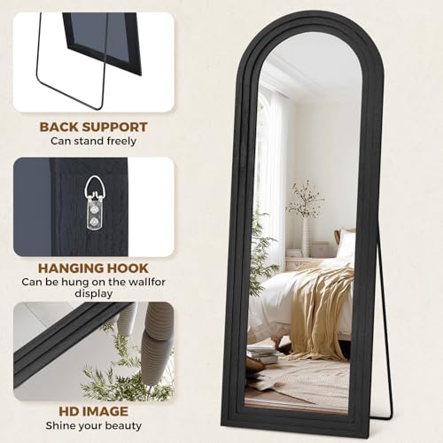 Image of 65x22 Arched Full Length Mirror, Solid Wood 3 Layer Frame, Black