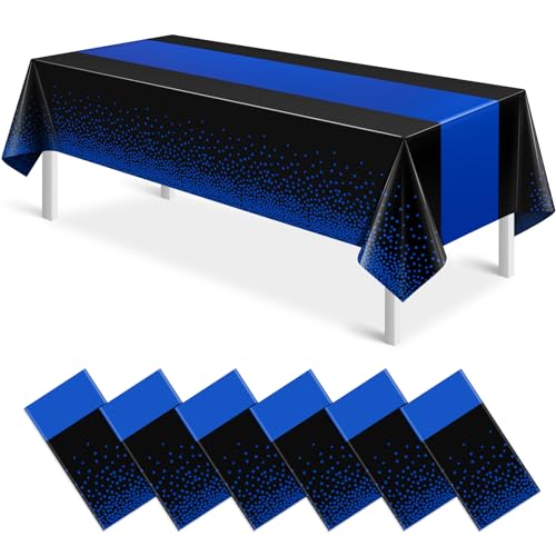 Image of MASHAN 6Pcs Black and Blue Tablecloth Party Decorations,Plastic Black Table Cloth Printed Blue Runner Disposable Rectangle Table Cover for Birthday Wedding Anniversary Graduation Party,54 x108 Inch