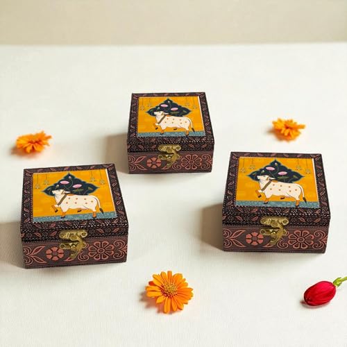 Image of Handcrafted Wooden Jewellery Box Copper Metal Finish (4 x 4 inch) Pack of 3 | Oxidized Pichwai Cow Design | Decorative Organizer | Storage Box for Women Puja Festive Gifting | Marigold Gold