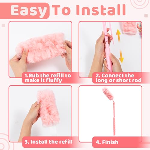 Image of 360 Dusters Refills for Cleaning - 100 Count Disposable Feather Duster Kit with 2 Handles, Multi-Surface Microfiber Feather Dusting Cleaner for Furniture Blinds Windows Ceiling Fans (Pink)