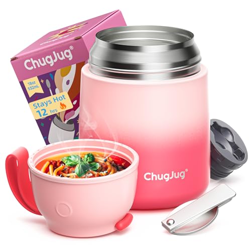 ChugJug Thermo for Hot Food for Adults Kids | Wide Mouth, 18 oz Insulated Food Jar with Spoon, Leakproof Soup Thermo for School Office Travel, Thermal Steel Lunch Container Easy to Carry (Pink)