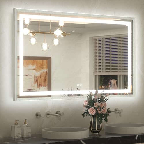 TETOTE 48 x 30 Bathroom Mirror Brushed Nickel Metal Frame Frontlit & Backlit Vanity Mirror 3 Colors White/Warm/Natural Stepless Dimmable Anti-Fog Bathroom Mirrors for Vanity Wall-Mounted