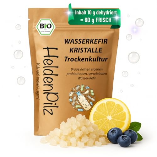 HeldenPilz® BIO Wasserkefir Starterset– Kefir Starter Set mit aktiven Kefirknollen | Kefirpilz kaufen | Wasserkefir Kristalle Bio | DIY Kefir Kit – wachstumsstarke (10g dehydriert = 60g Frisch)