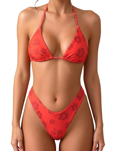 MakeMeChic Women's Polka Dots Triangle Thong Bikini Sets Floral Cute Bathing Suit Swimsuits Red a Medium