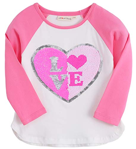Glitter Flip Sequin Girl's T-Shirt Top Short/Long Sleeve, Fleece Jacket 3-12 Years (8, Love White Pink Long) #TOP4