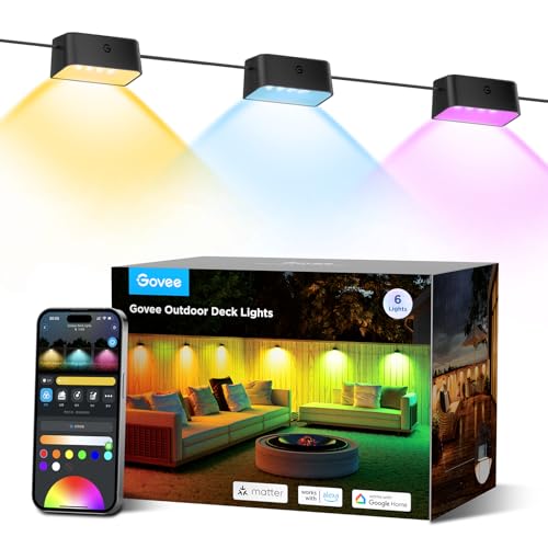 Govee RGBIC Outdoor Deck Lights, 4000K Smart LED Fence Lights with App & Voice Control, 6-Pack (32.8ft) for Christmas Decor
