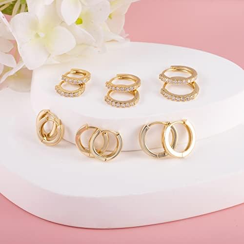 6 Pairs 14K Gold Hoop Earrings for Multiple Piercing, Polished/Unilateral Cubic Zirconia Hypoallergenic Sleeping Hoops Small Huggie Hoop Earrings for Women 12/14/16 mm
