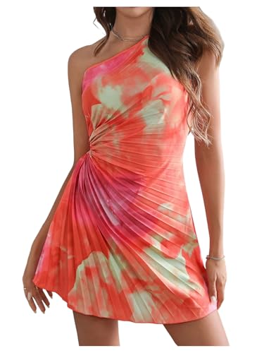 MakeMeChic Women's Summer Dress 2025 Tie Dye One Shoulder Mini Dress Pleated Cut Out Wedding Guest Dresses