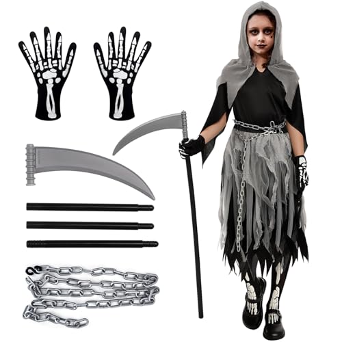 Costume Da Morte Per Bambina: Costume Di Halloween Per Bambini Ragazza Tristo Mietitore - Costume Di Carnevale Con Falce Catena Guanti Calzini Per Festa In Maschera (S (5-7 anni))