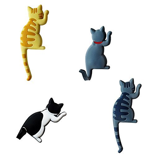 Comidox Cute Multifunction Cat Magnetic Refrigerator Sticker Fridge Magnet Hanging Hook 2 In 1 Gray Cat/Black White Cat/Yellow Striped Cat/Gray Yellow Striped Cat 4Pcs #TOP6