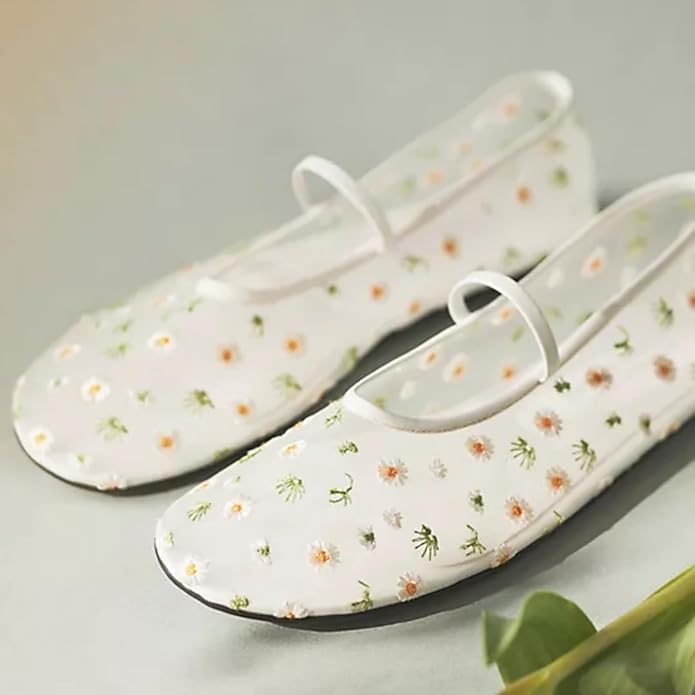 Image of Nude Mesh Ballet Flats for Women Tulle Floral Embroidered Mary Jane Ballerina Round Toe Comfortable Daily Dress Ballet Flats Shoes with Strap