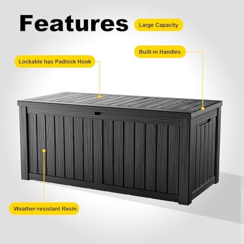 Image of 150 Gallon Waterproof Outdoor Storage Box, UV Resistant Resin Deck Box with Hydraulic Rod for Reinforced Stability, Perfect for Patio, Garden, and Pool, Striped Black