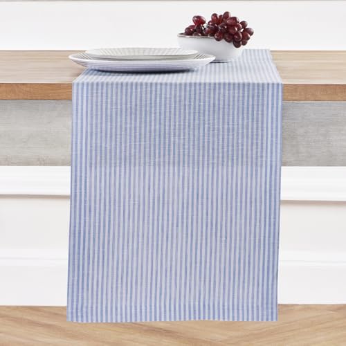 Solino Home 100% Pure Linen Table Runner, 14 x 90 in, Blue and White Stripe